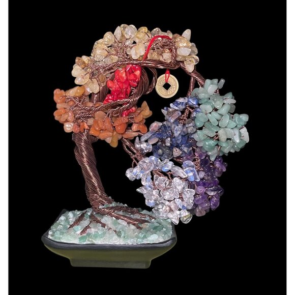 Feng Shui 7 Chakra Crystal Gemstone Bonsai Money Tree on Acopa Base 8" Decor New - Picture 1 of 5